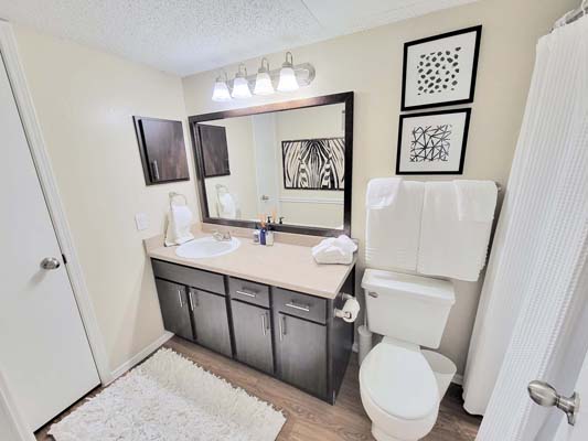 Large vanity in bathroom with brushed nickel fixtures and new cabinetry with brushed nickel drawer and cabinet pulls.