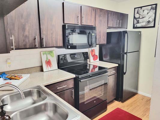 Kitchen with black appliances. Stove has a glass top. Brand new cabinets as well.
